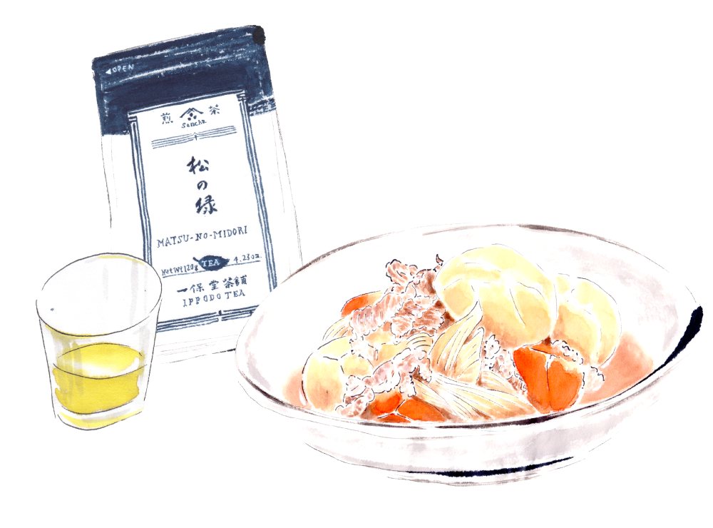 肉じゃがと冷たい煎茶松の緑。 – 一保堂茶舗