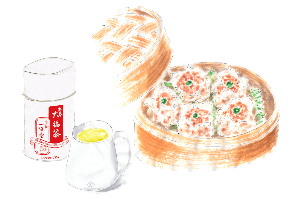 シュウマイと大福茶。