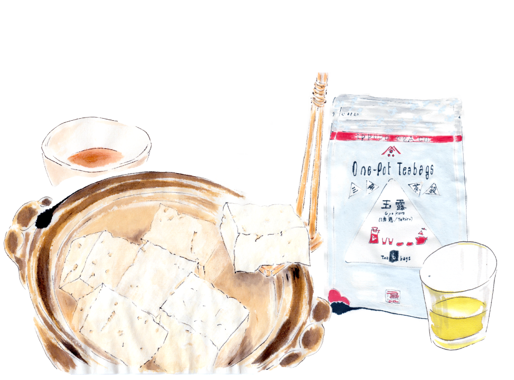 湯豆腐と冷たい三角茶袋玉露。