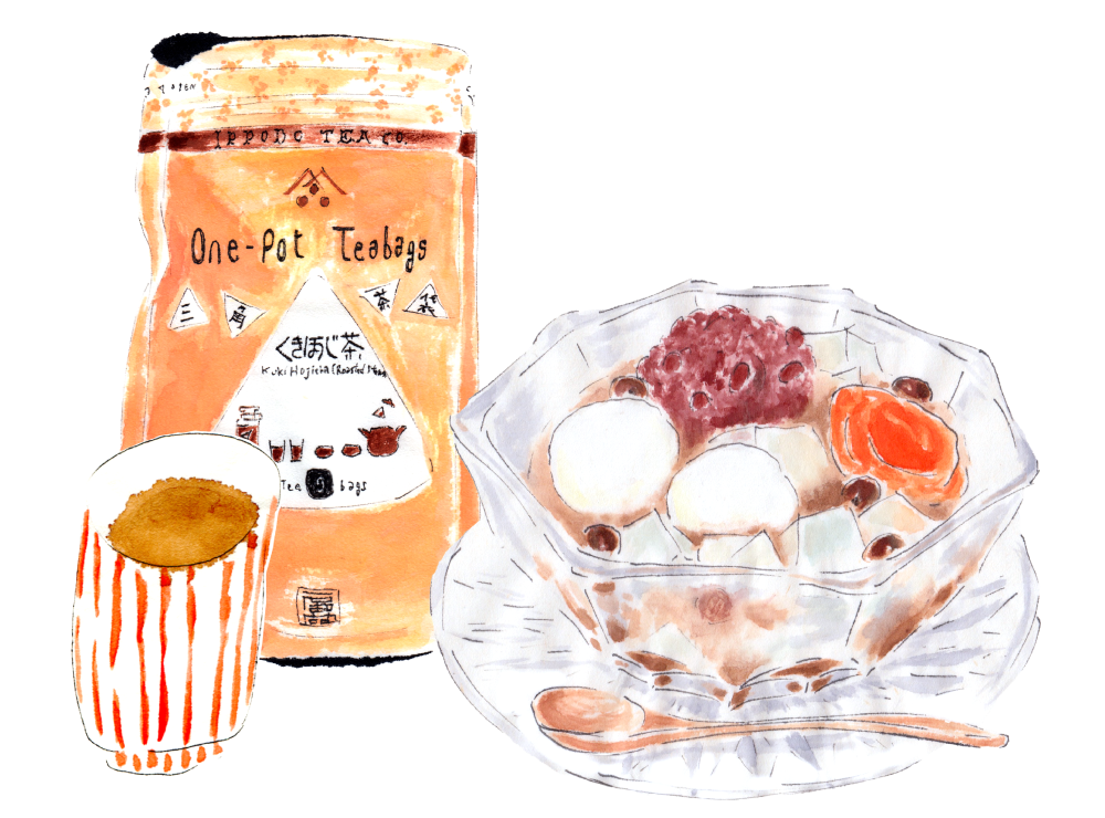 あんみつと三角茶袋くきほうじ茶。