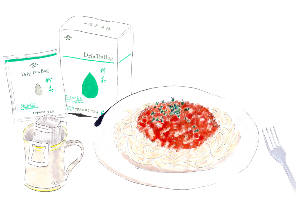 ミートスパゲッティとドリップティーバッグ新茶。